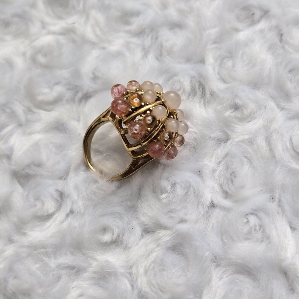 Vintage Cage Ring Tone Cream Cluster Size 7 gold pink Womens multi-tiered bead